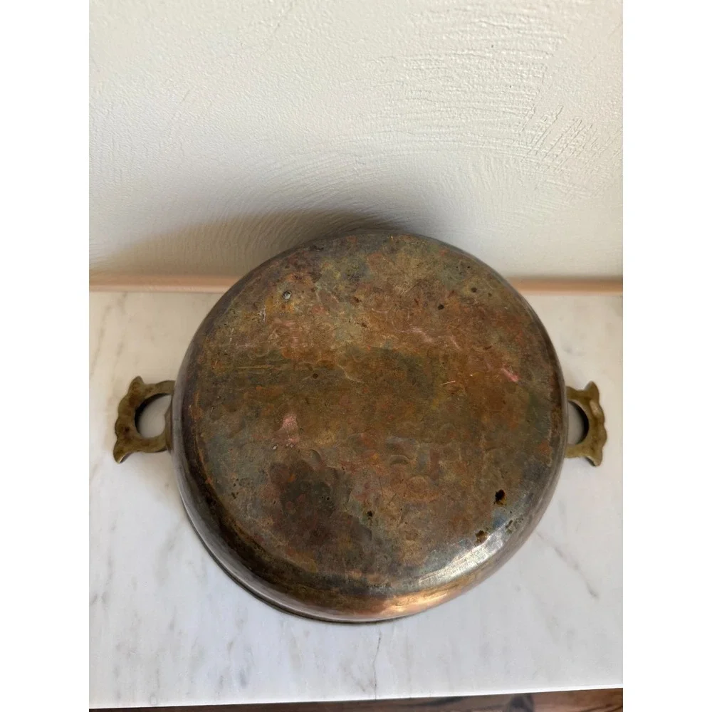 Authentic Hand-Hammered Middle Eastern Copper Cooking Pot w/Lid & Brass Handles